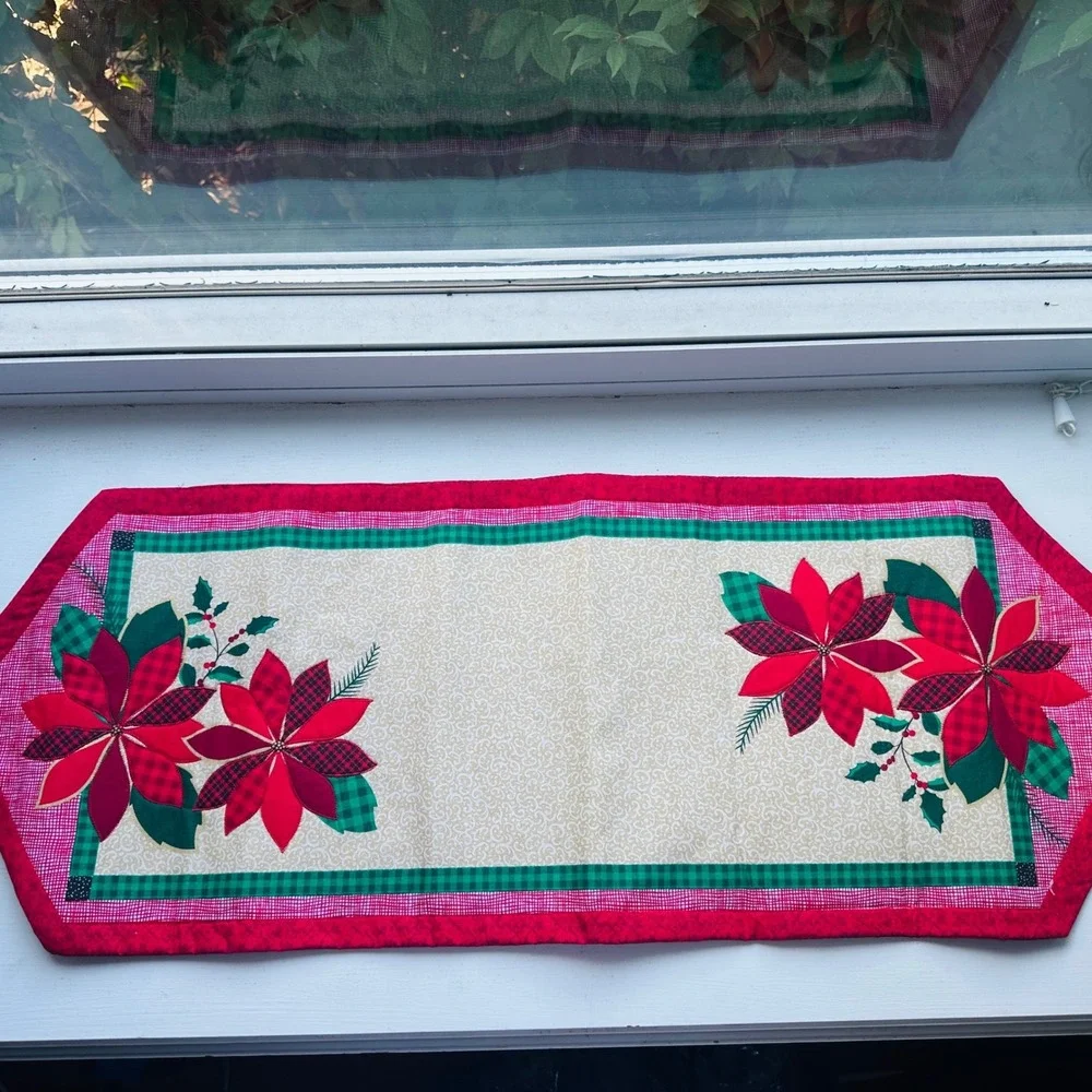 Essential Home Christmas Table Runner Red Poinsettia Quilted Plaid Holly Holiday